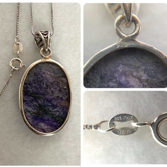 Sterling Silver 925 Oval Bezel Set Purple Charoite Pendant Necklace 22" Chain - Picture 9 of 16